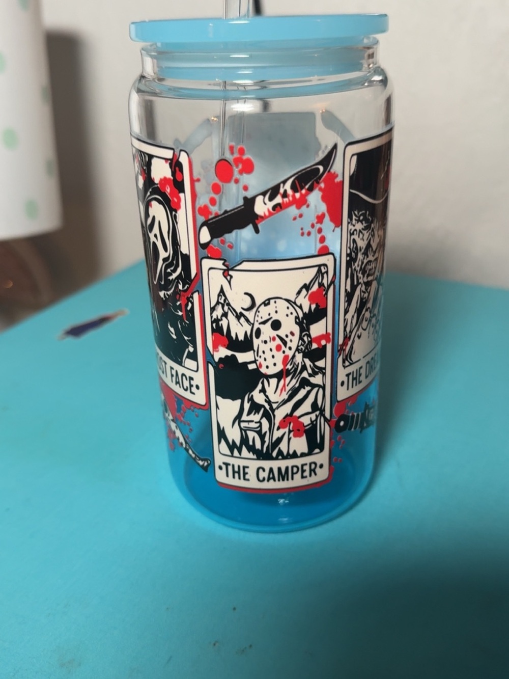 Blue Horror-Themed Plastic Drinking Jar with Lid and Straw